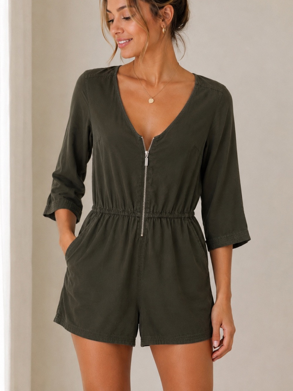 DD77 Olive Green Zip Front Romper